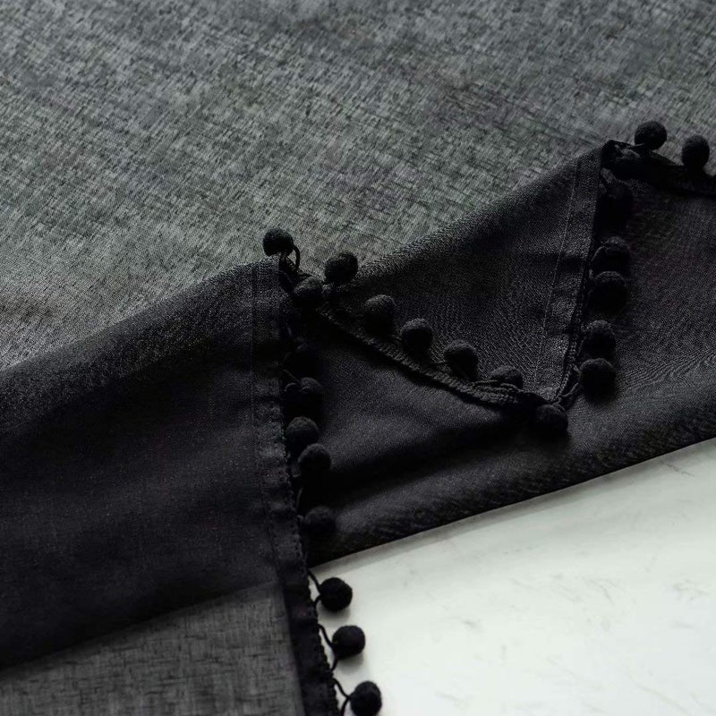 MISS SELECTEX Linen Look Pom Pom Tasseled Sheer Curtains - Rod Pocket Voile Semi-Sheer Curtains for Living and Bedroom, Set of 2 Curtain Panels (52 x 63 inch, Black) - Image 2
